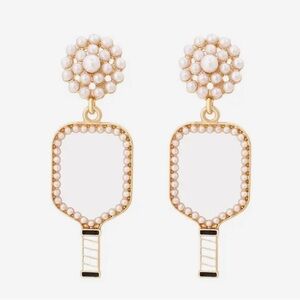 Pickleball white pearl dangle earrings new
